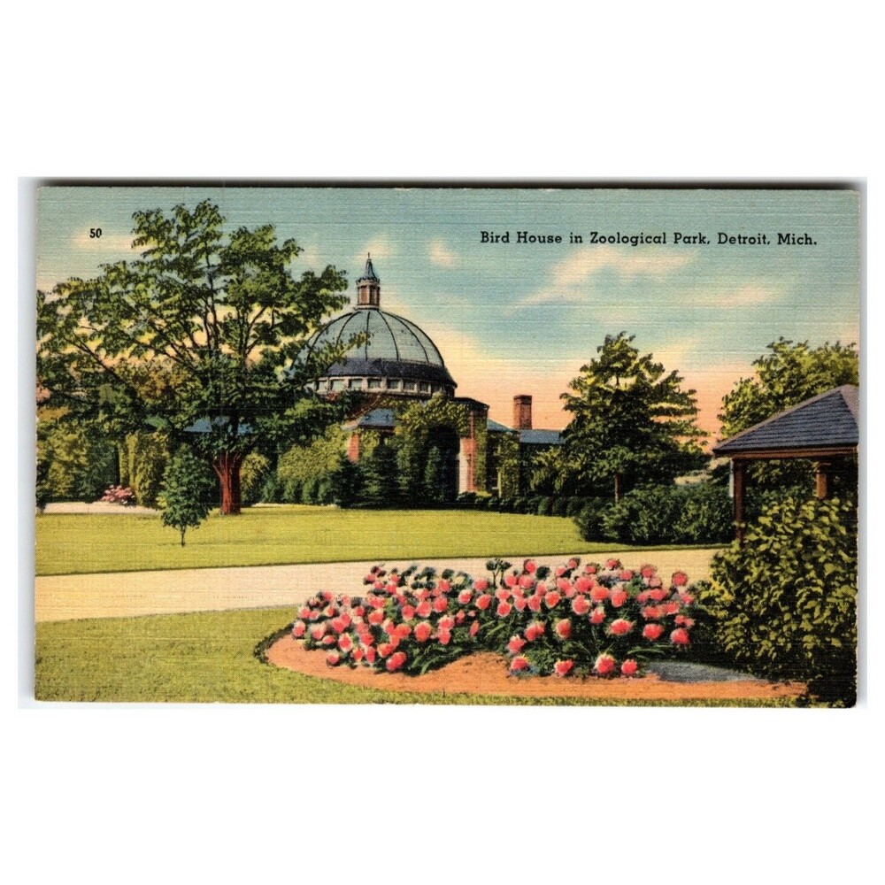 Detroit Zoological Park Bird House Linen Postcard Tichnor Quality Views